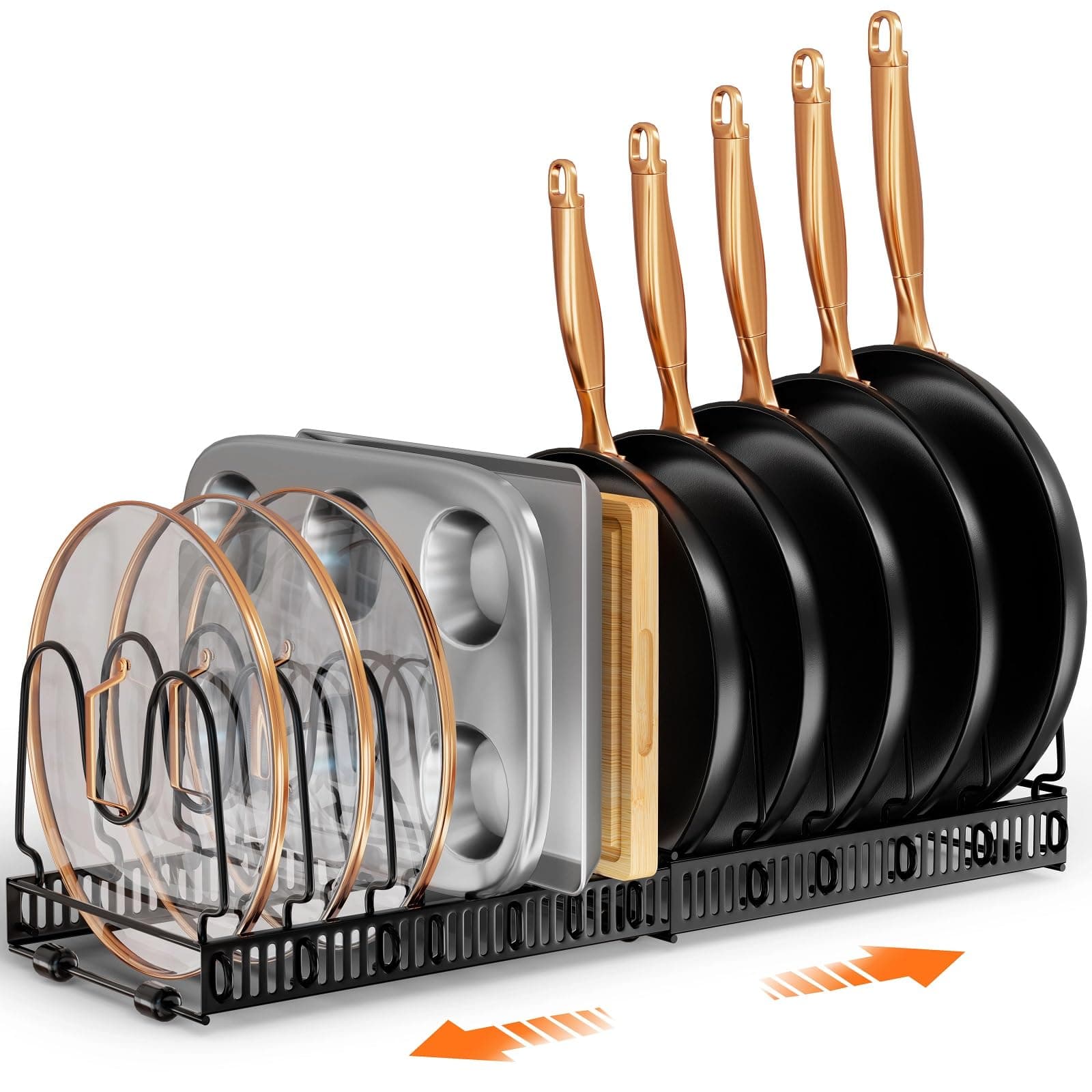 Pots and Pans Organizer Rack for Under Cabinet - Adjustable Kitchen Holder for Pot Lids, Cutting Boards, and Cookware