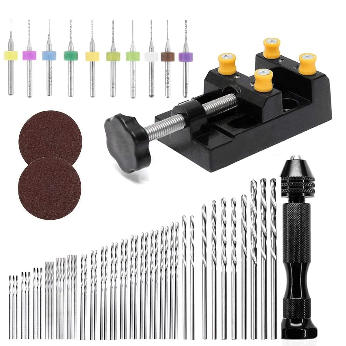 YENJO 62 Pieces Hand Drill Bits Set, Mini Pin Vise Hand Drill Bits Set with Mini Drills, Micro Twist Drills and Bench Vice for Model Making, Craft Carving, DIY, Woodworking, Plastic
