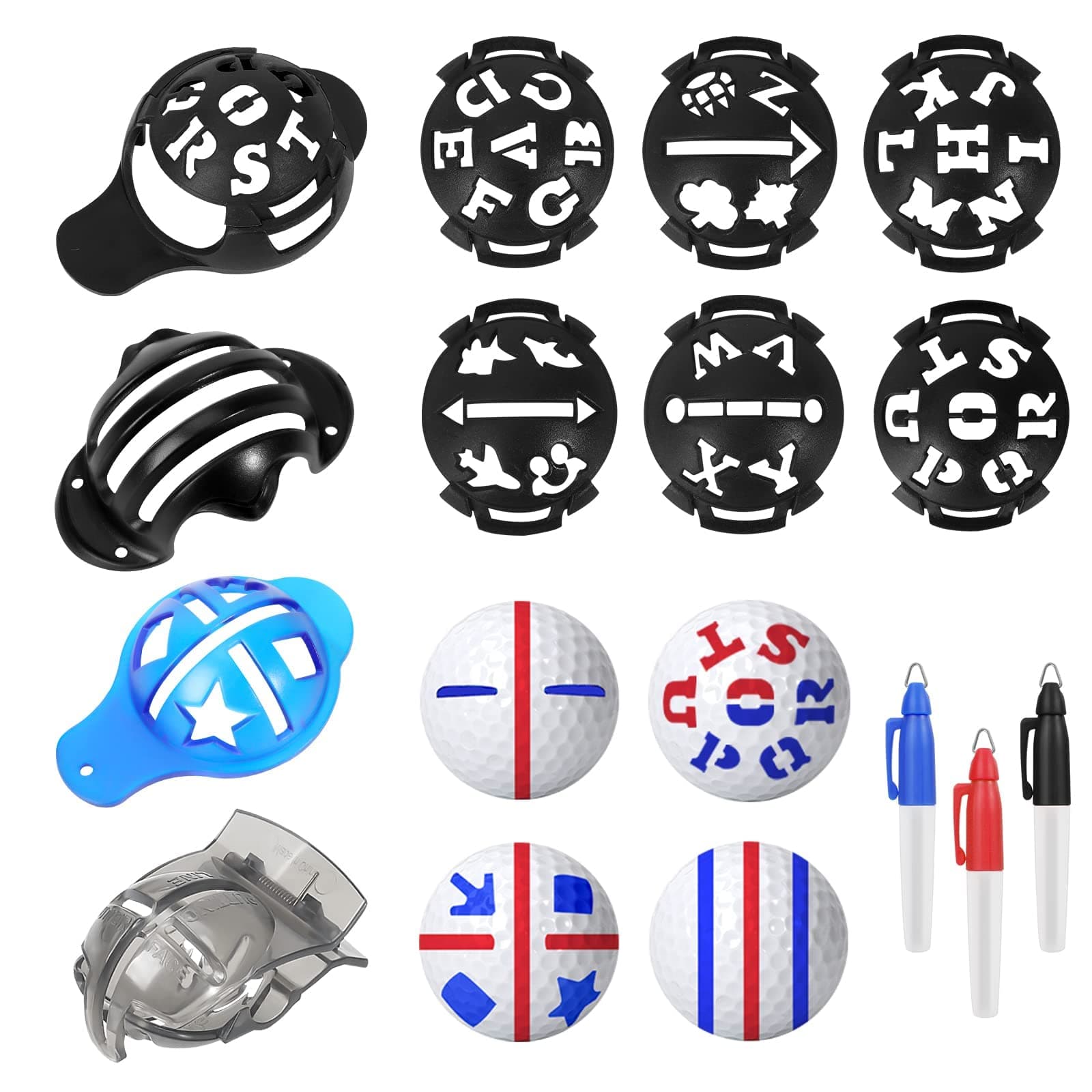 12 Pcs Precision Golf Ball Marker, Including 3 Golf Ball Marking Stencils, 6 Letter and Pattern Template, 3 Colors Golf Ball Markers, Golf Ball Line Marking Tool Kit, Alignment Identification Tool
