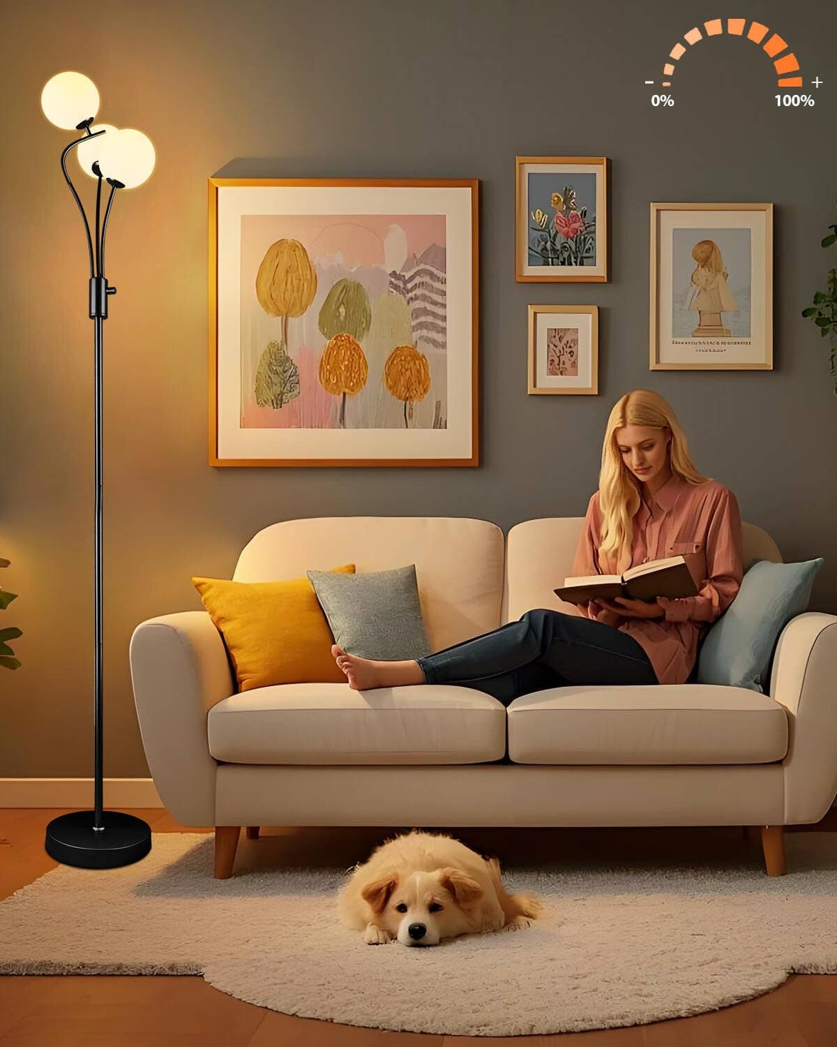 Lightdot Globe Standing Lamps with 3Pcs 3000K G9 Bulbs Stepless Black Dimmable Floor Lamp with Stable Base 3-Lights Modern Design Mid Century Floor Lamp for Living Room/Bedroon/Office