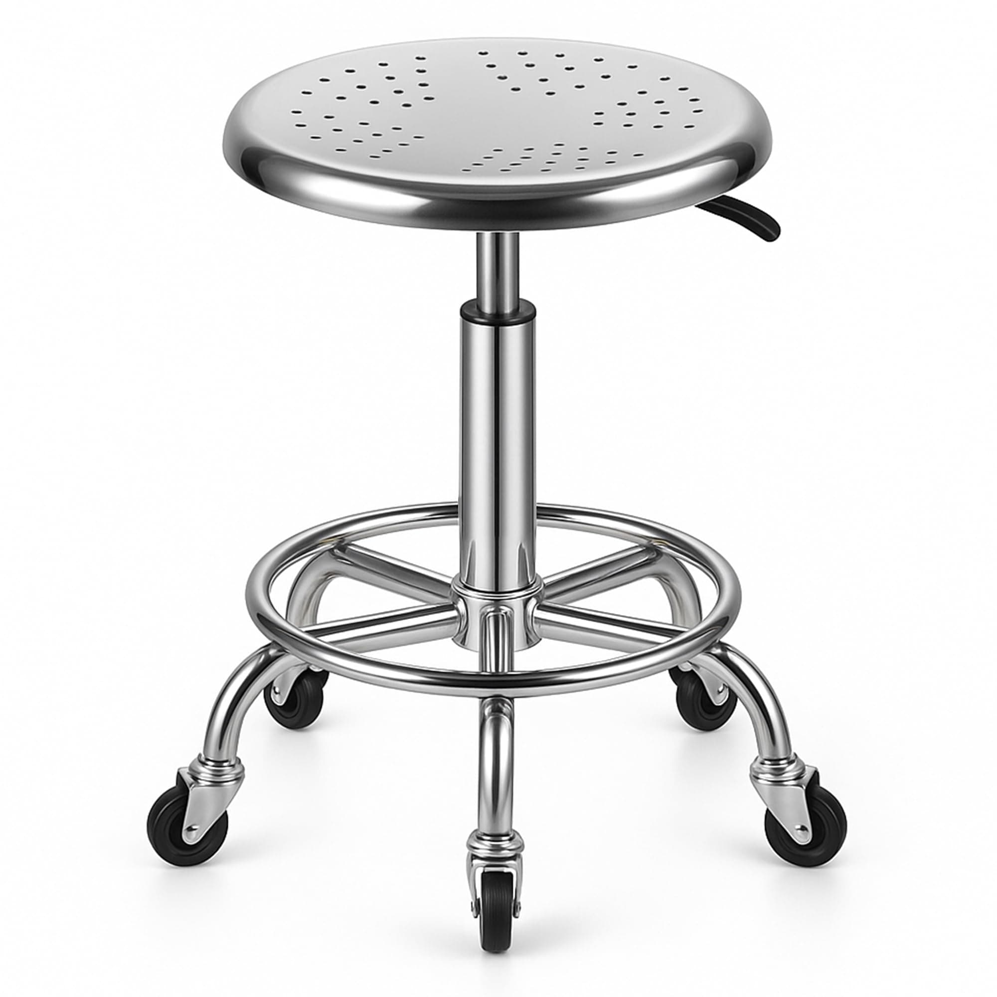 Rolling Stool, Stainless Steel Workbench Stool, Adjustable Swivel Stool Medical 5 Wheels, 304 Stainless Steel Structure Laboratory Round Pad, Load Capacity 445 lbs (Silver)
