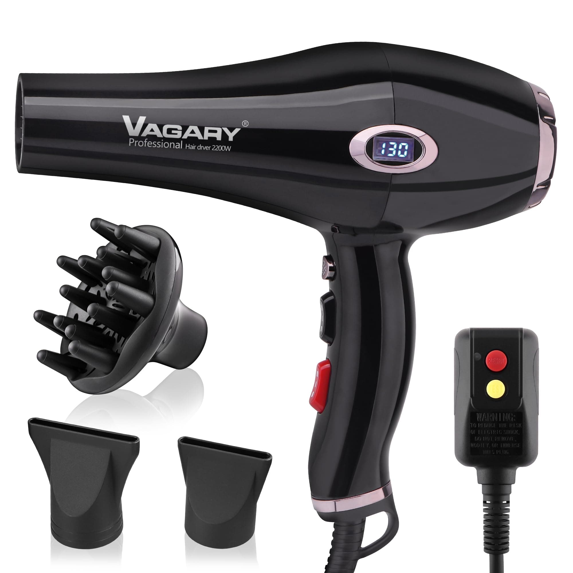 VAGARY Professional Salon 2200W Blower Dryer with Diffuser Concentrator Nozzles,Negative Ionic Blow Dryer,Low Noise Hair Dryers,2 Speeds and 2 Heat Settings 1 Cool Shot Button
