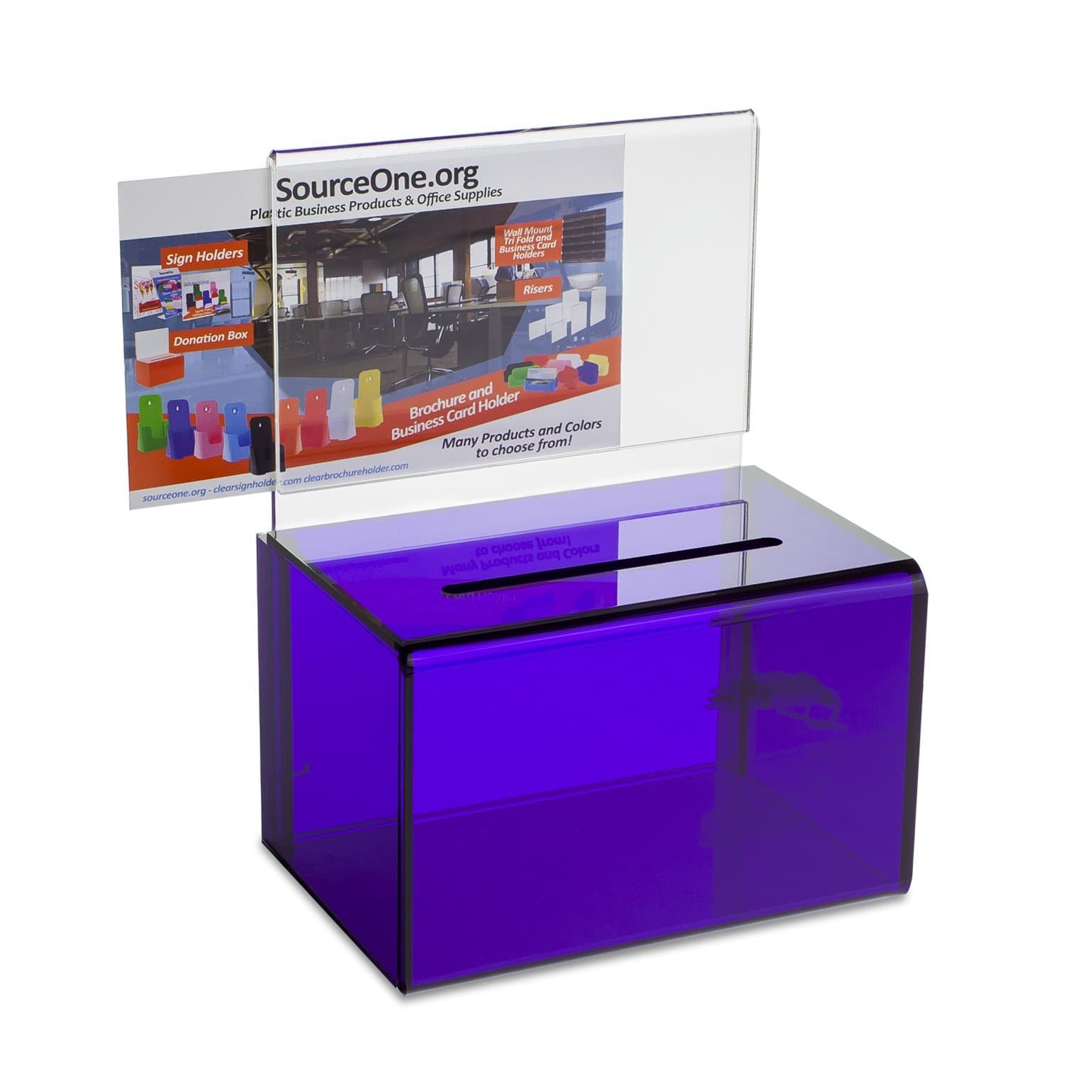 Source One Small 5-Inch Wide Deluxe Oblong Donation Box with Ad Frame & Free Lock (Purple)