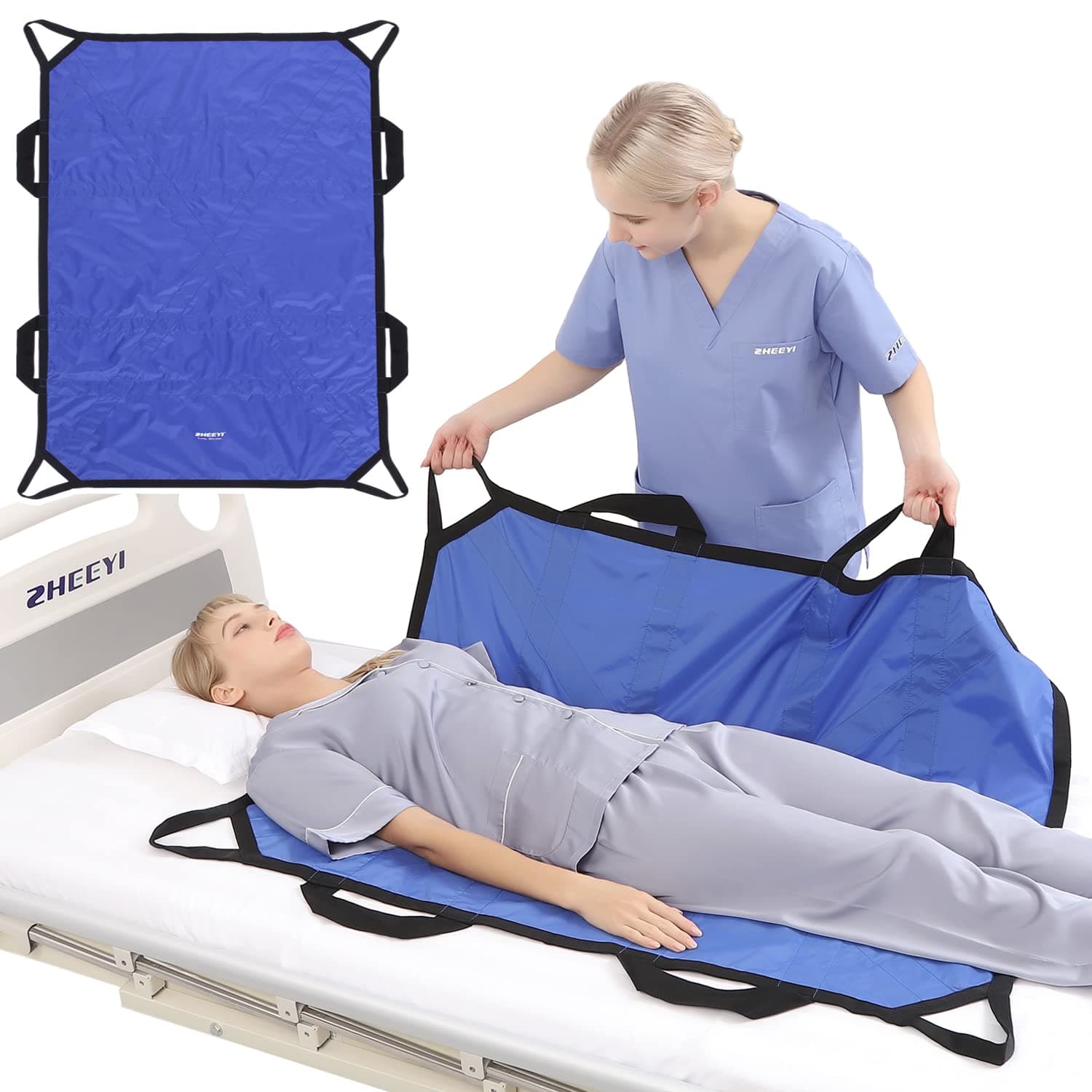 Multipurpose 43" x 36" Positioning Bed Pad with Reinforced Handles - Reusable & Washable Patient Sheet for Turning, Lifting & Repositioning - Double-Sided Nylon Fabric, Blue