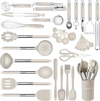 Kitchen Utensils Set-Silicone Cooking Utensils-33pcs Non-Stick Silicone Cooking Kitchen Utensils Spatula Set with Holder-Best Kitchen Cookware with Stainless Steel Handle (Khaki)