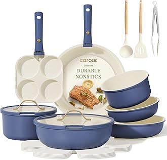 CAROTE 19pcs Pots and Pans Set, Nonstick Cookware Set Detachable Handle, Induction Kitchen Cookware Sets Non Stick with Removable Handle, RV Cookware Set, Gold and Blue