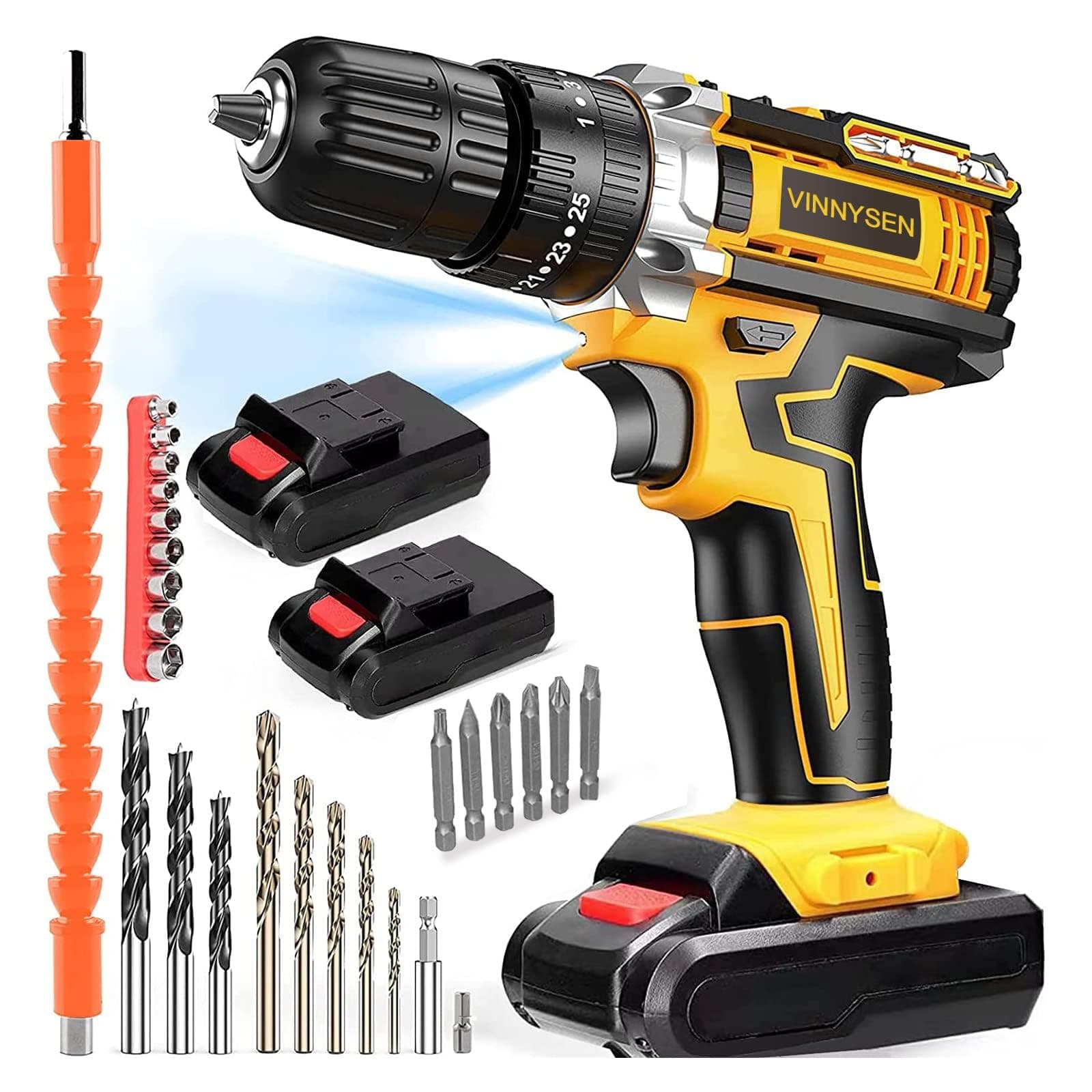 48V Cordless Drill, 3/8 Inch Power Drill Set with Lithium Ion Battery and Charger, Electric Drill with Variable Speed, 19 Positions and 24-Pieces Drill/Driver Accessories Kit (Yellow)