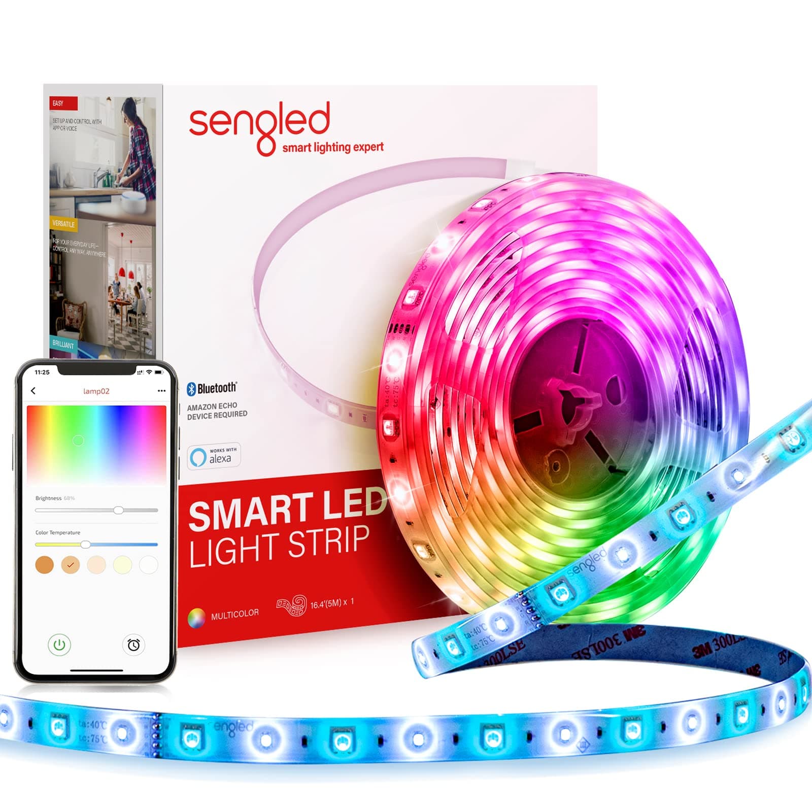 SengledSmart Bluetooth Mesh LED Multicolor Light Strip, 5M (16.4ft), Works with Amazon Echo and Alexa, High Brightness with 16 Million Colors, RGBW, 450 Lumens/Meter (B1G-G8EX)