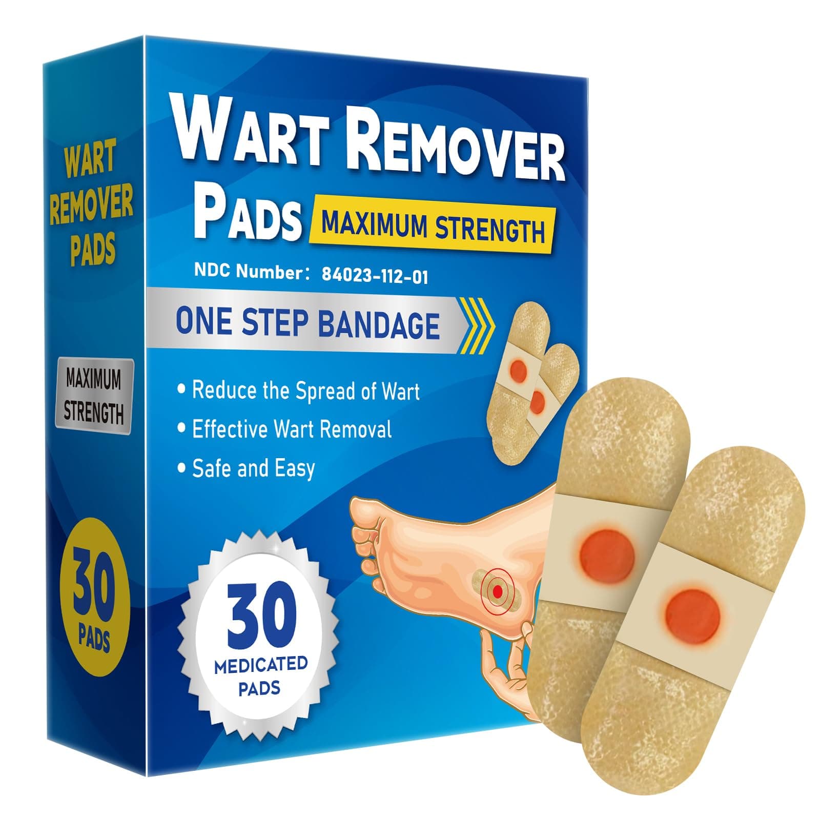 WABRINY Wart Remover Pads, Maximum Strength One Step Bandages for Hands Neck Feet Fingers, Safe Effective for Men and Women, 30 Pads