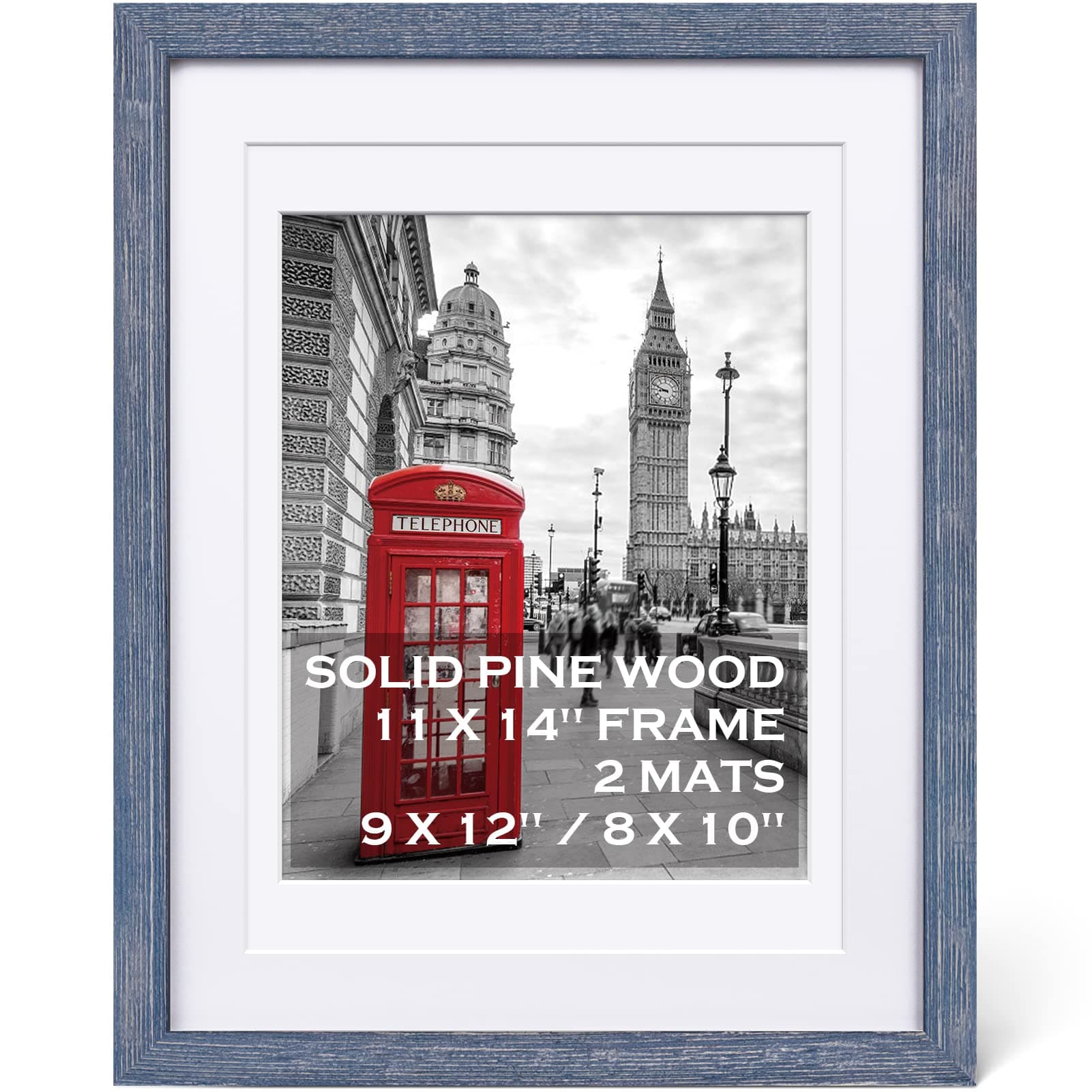 Tiblue 11x14 Rustic Blue Picture Frame, Solid Wood Poster Frame with 2 Mats for 8x10 or 9X12 Picture, Wall Tabletop Display, HD Plexiglass, 15x12 inches, Rustic Style, Unisex Adult