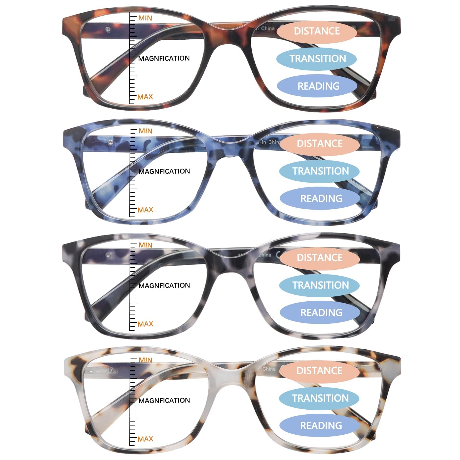 4 Pack Progressive Multifocus Reading Glasses for Women Men Spring Hinge Blue Light Blocking Readers