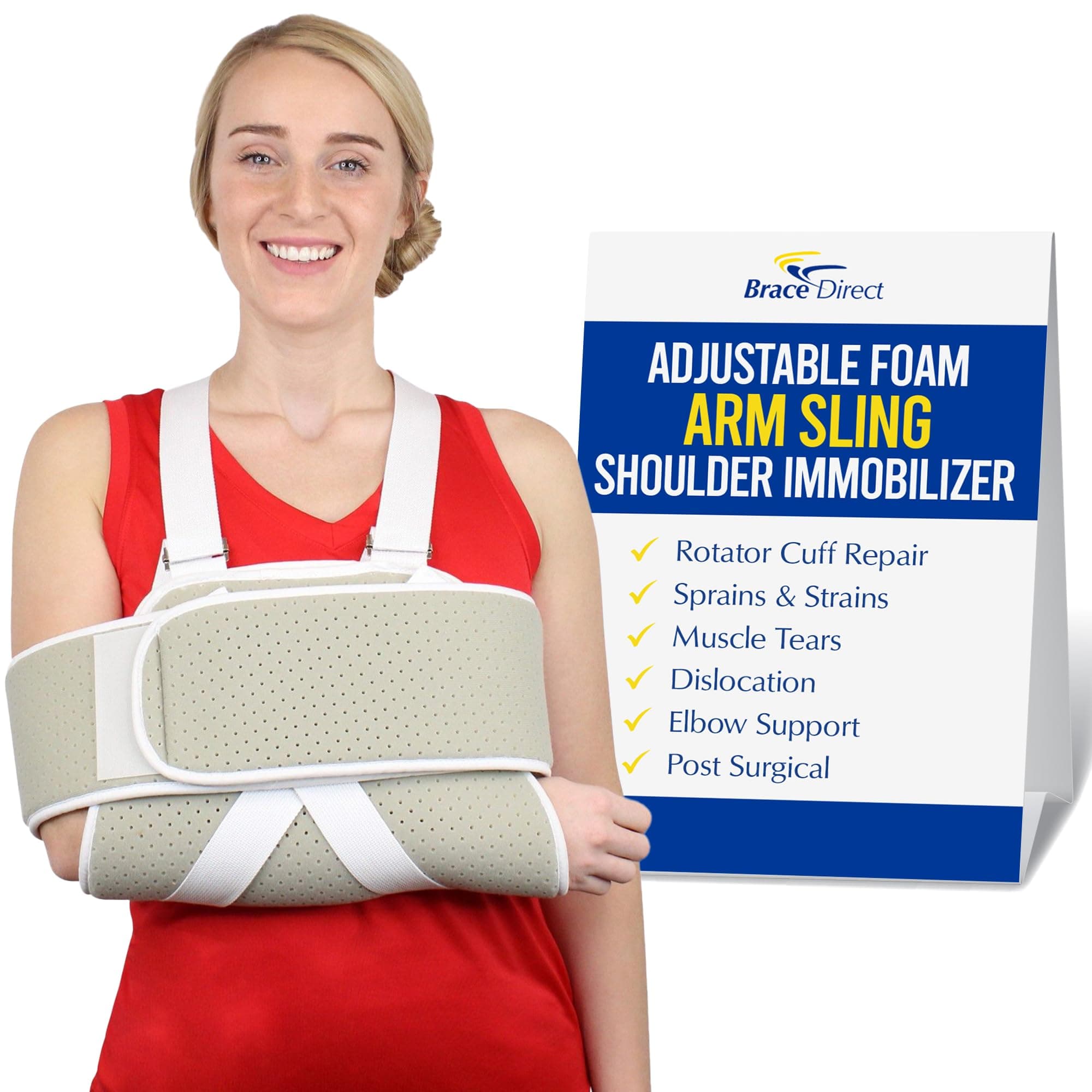 Brace Direct Adjustable Foam Arm Sling Shoulder Immobilizer - Use While Sleeping Support for Rotator Cuff, Broken and Fractured Bones, Sprains, Strains, Tears, Post Surgery & Dislocations