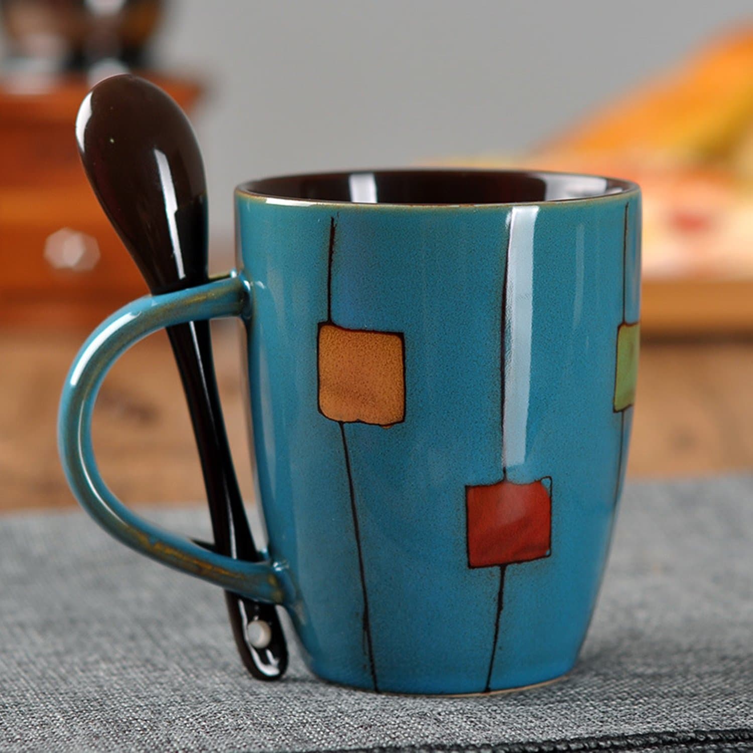 UUOUU Ceramic Coffee Mug Retro Drum Square Shaped Milk Cup with Spoon Tea Cup Mug Blue