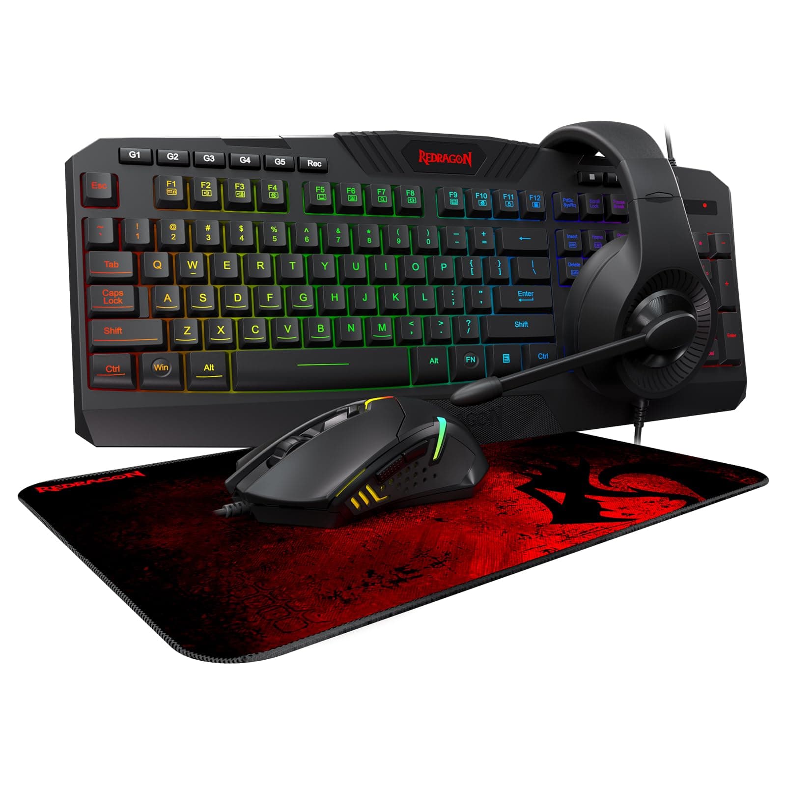 Redragon S101-3 Wired RGB Backlit Gaming Keyboard and Mouse Combo, Programmable Keyboard and Mouse (800-7200DPI), Gaming Headset Mouse Pad Combo All in 1 PC Gamer Bundle for Windows PC (Black)