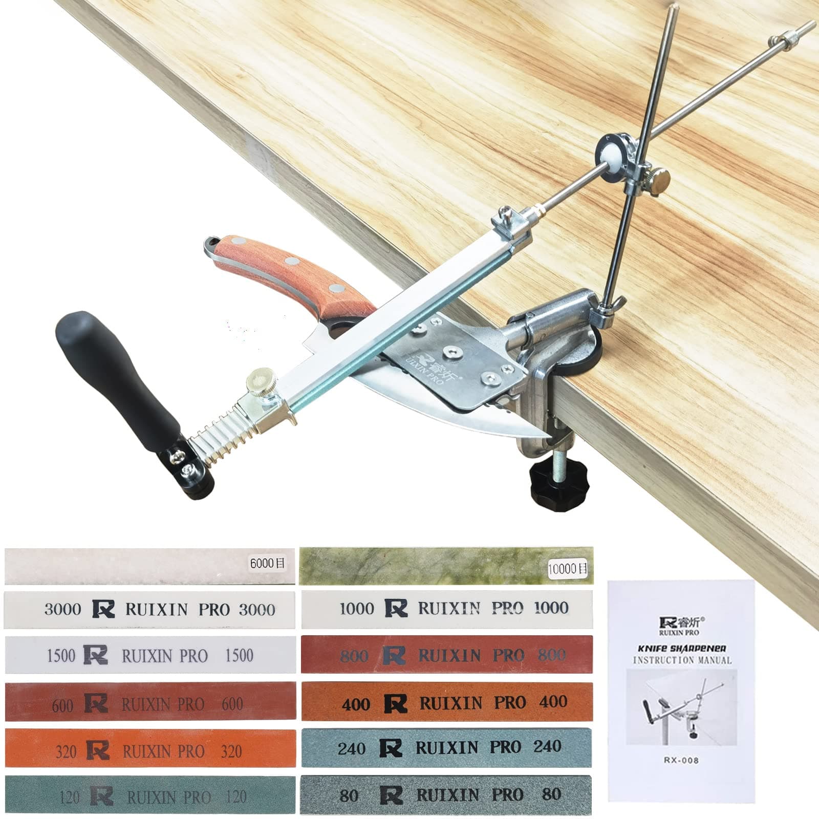 RUIXIN PRORX-008 Kitchen Knife Sharpener System Fixed/Adjustable Angle Iron Steel Knives Sharpening Kit