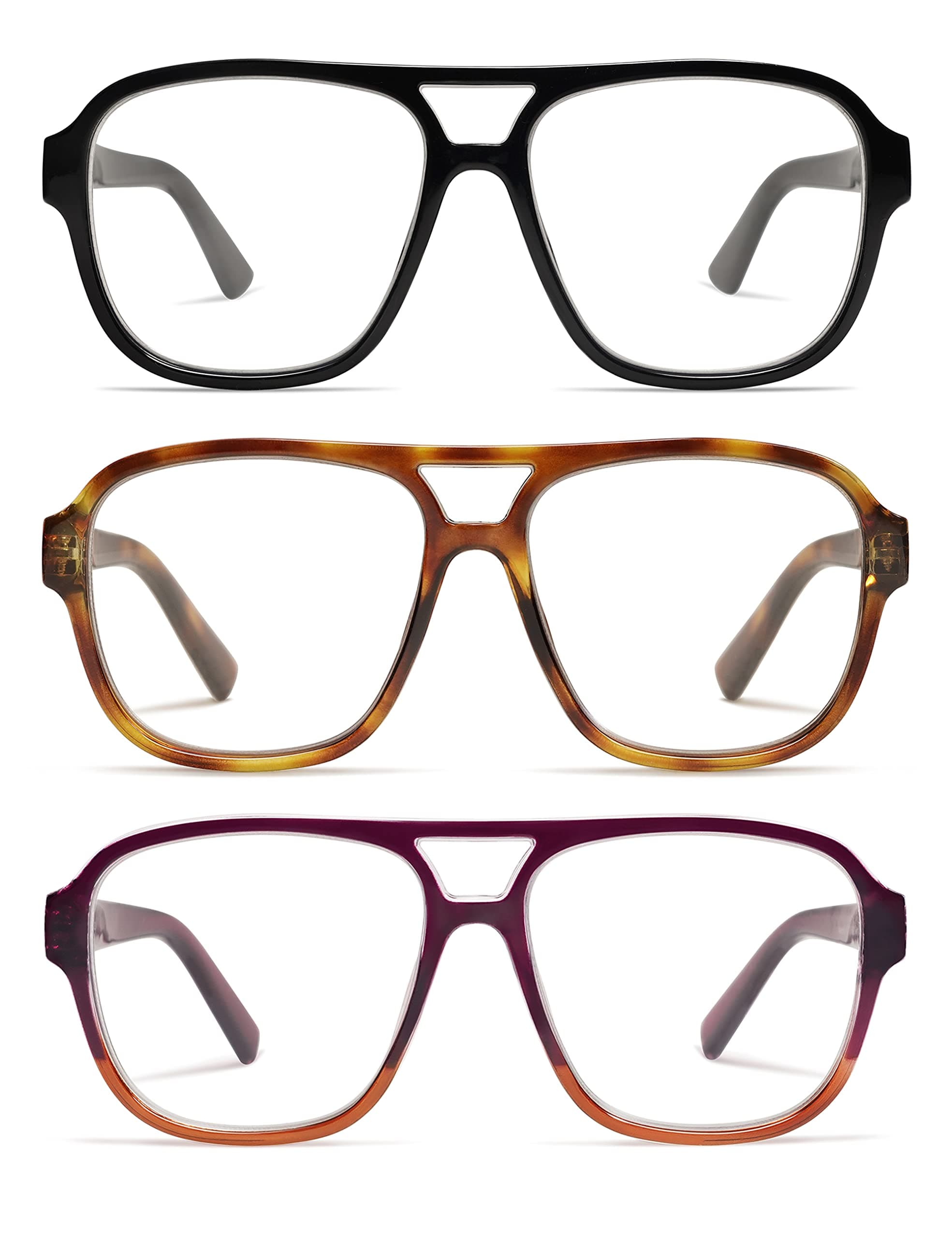 AMOMOMA 3 Pack Oversized Aviator Spring Hinge Reading Glasses for Women Men,Retro Blue Light Computer Reader Frame AM6081Carbonfree Certified