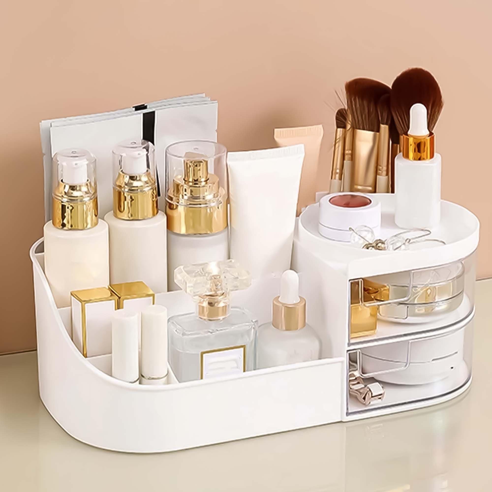 ALOXEPlastic Makeup Organizer|Makeup Box for Storage|Make Up, Cosmetics, Skincare Organiser for Women|Elegant Makeup Vanity with Transparent Drawer (White)