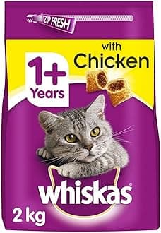Whiskas 1+ Dry Cat Food for Adult Cats Kibble with Chicken, 2kg