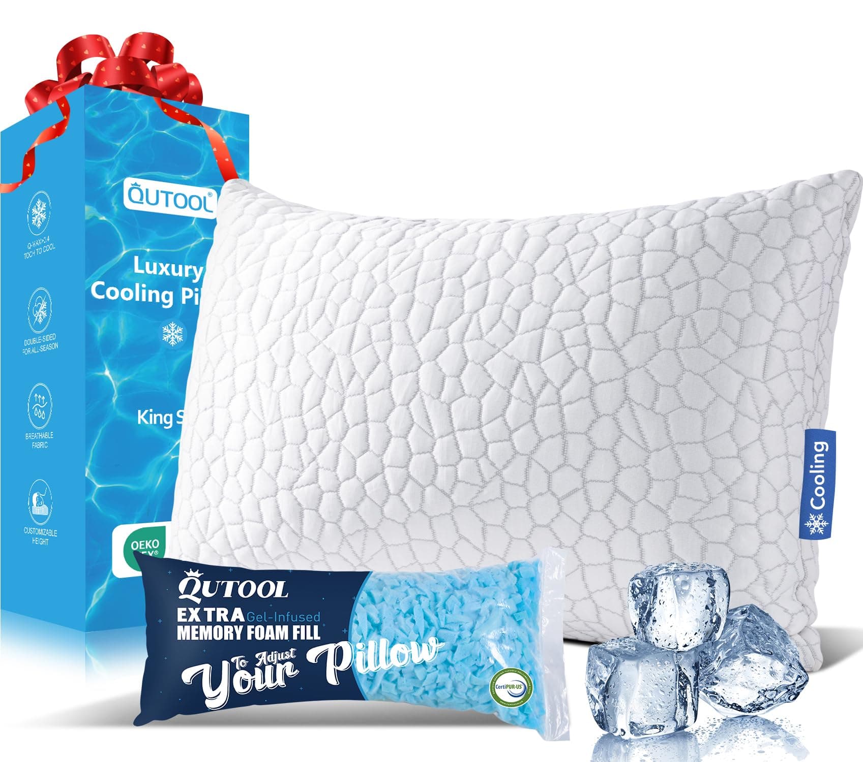 QUTOOL Cooling Pillow for Sleeping, CertiPUR-US Shredded Memory Foam King Pillow Set of 1, Cool Pillow for Hot Sleepers Adjustable Firm Pillow for Side, Back, Stomach Sleepers Soft Yet Support, White