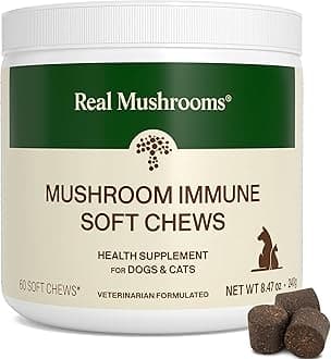 Real Mushrooms Soft Chews for Pets – Functional Treats with Reishi, Olive Leaf, Ashwagandha Blend – Cats & Dogs Vitamin Bites– Mushroom Supplement for Dogs & Cats Wellness Support, 60 Count