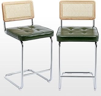 Zesthouse Natural Rattan Bar Stools Set of 2, Modern Counter Height Stools with Solid Wood Back, 26'' Counter Height Chairs, Mid Century Cantilevered Bar Chairs for Kitchen Island, Faux Leather Green