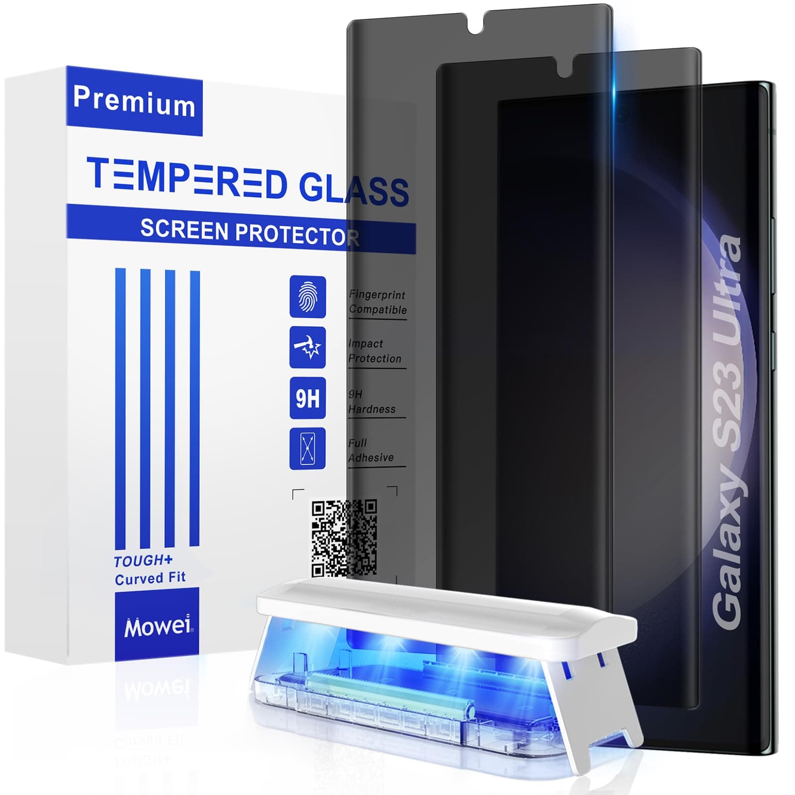 Mowei [2+2 Pack for Galaxy S23 Ultra Privacy Screen Protector [Support Fingerprint & S Pen] 2X 3D Curved Anti Spy Tempered Glass & 2X Camera Lens Protector for Samsung S23 Ultra 5G