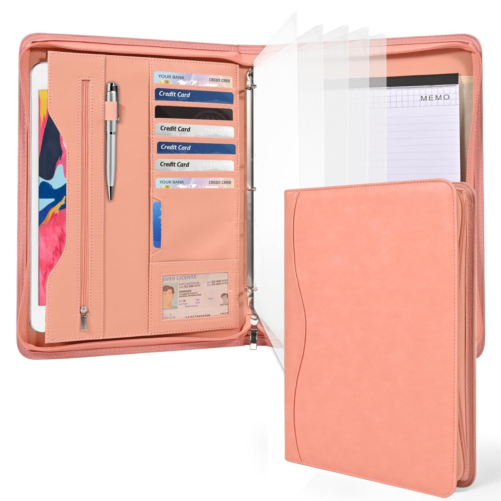 Deziliao 3-Ring Padfolio Portfolio Binder Organizer, Document Organizer Folio, 10.4 Inch PU Leather Business Portfolio with Zipper, Business Planner Notebook Organizer for Women/Men（Pink）