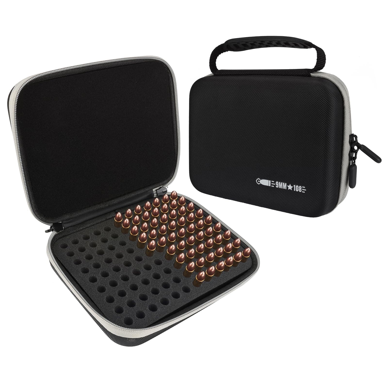 108 Round 9MM Ammo Storage Case, Ammo Box Compatible with 9mm Luger, 9mm Parabllum, 9mm Makaro, 380 ACP .32 ACP .45 ACP, 30 Luger, 32 S&W, 40 S&W, Bullets Storage Box for 9MM(Grey)
