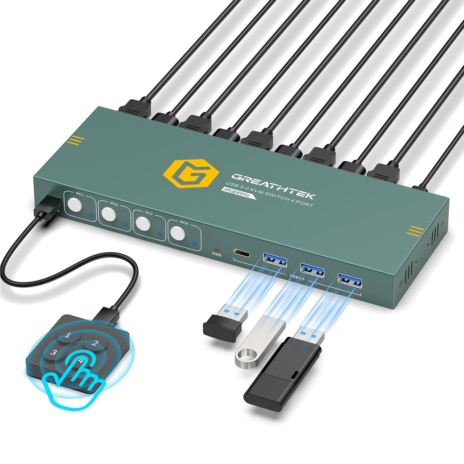 GREATHTEK Usb3.0 Kvm Hdmi Switch 4K@60Hz for 4 Computers Share 1 Monitor, Kvm Switch 4 Ports with 3 Usb 3.0 Ports Share Keyboard and Mouse, Support Button Switch, Power and U