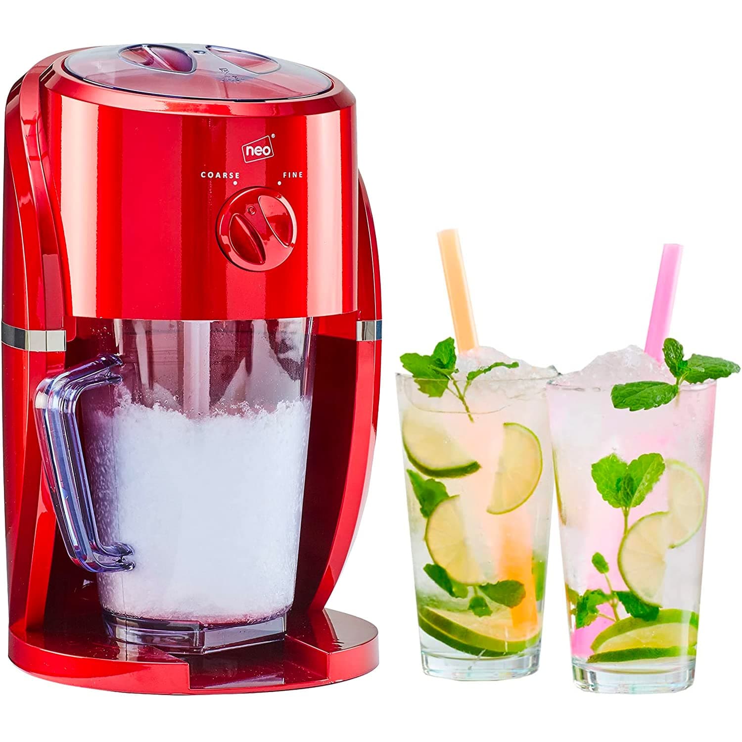 Neo Ice Crusher Slush Machine Electric Crushed Ice Freestanding Maker with Removable Jug for Blending Slushies, Cocktails, Frappe, Coffee and Iced Tea (Red)