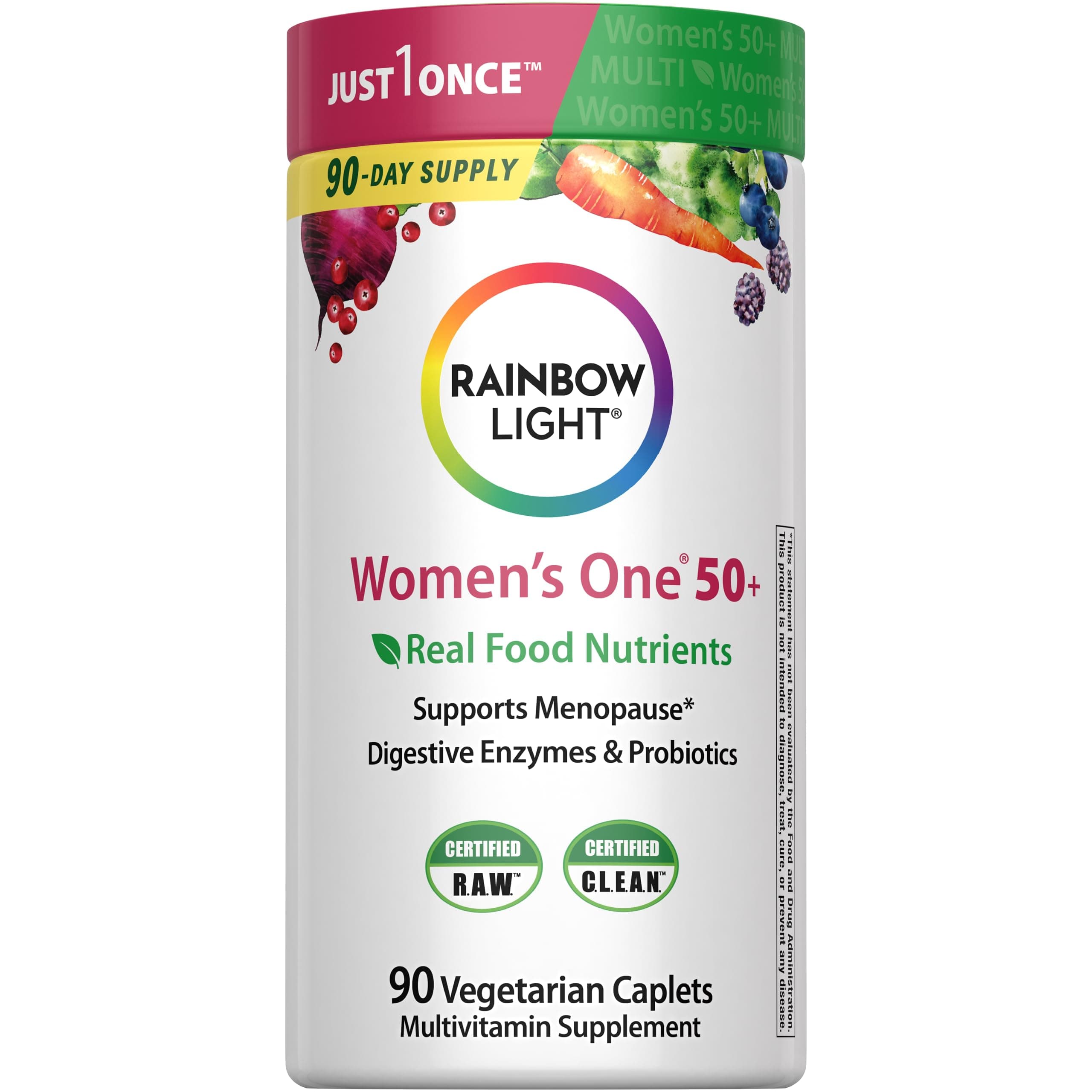 Rainbow Light Womens One + Multivitamin 50 Plus | 90 Caplets | Supports Menopause | Real Food Nutrients, Digestive Enzymes & Probiotics