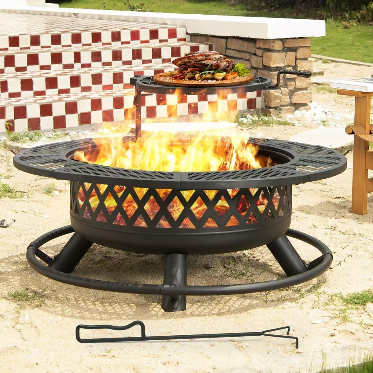 Panovue 42 Inch Outdoor Fire Pit with Grill, Large Fire Pit Table for Outside, Metal Round Fire Pits with Lid&Fire Poker,3 in 1 Wood Burning Fire Pits & Outdoor Fireplaces for Backyard,Patio(Black)