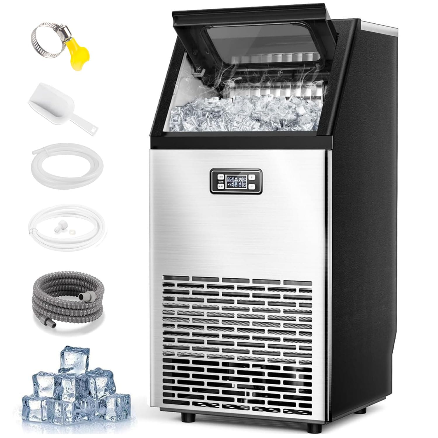Joy Pebble V2.0 Commercial Ice Maker,100 lbs,2-Way Add Water,Under Counter Ice Maker Self Cleaning,Ice Machine with 24 Hour Timer,33 lbs Basket,Stainless Steel Ice Makers for School,Home,Bar,RV