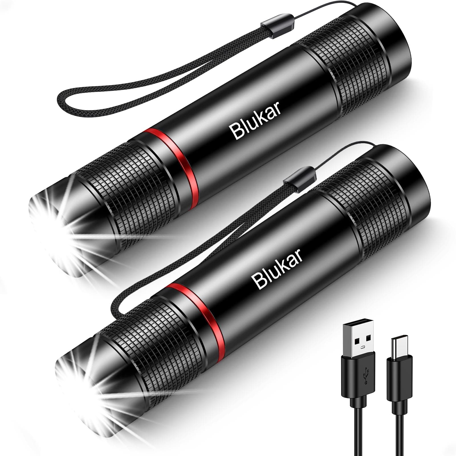 Blukar LED Torch Rechargeable, [2 Pack] 2000L Super Bright Adjustable Focus Flashlight, 4 Lighting Modes, Long Battery Life, Waterproof Pocket Size Torch for Power Cuts, Emergency, Camping, Outdoor