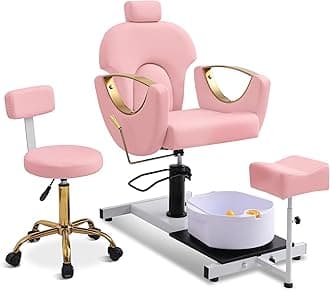 LOUVIXA Pedicure Station No Plumbing, Hydraulic Pedicure Chair for Nail Tech, Height Adjustable Reclining Pedicure Station Unit, 360 Degree Swivel Foot Spa Chair with Massage Foot Bath (Pink-Golden)