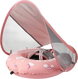 Mambobaby Float Self-Inflating Baby Pool Float with Canopy Compressible Pool Swim Float Infant Soft Solid Swimming Trainer with Removable UPF 50+ UV Sun Protection Canopy, Pink