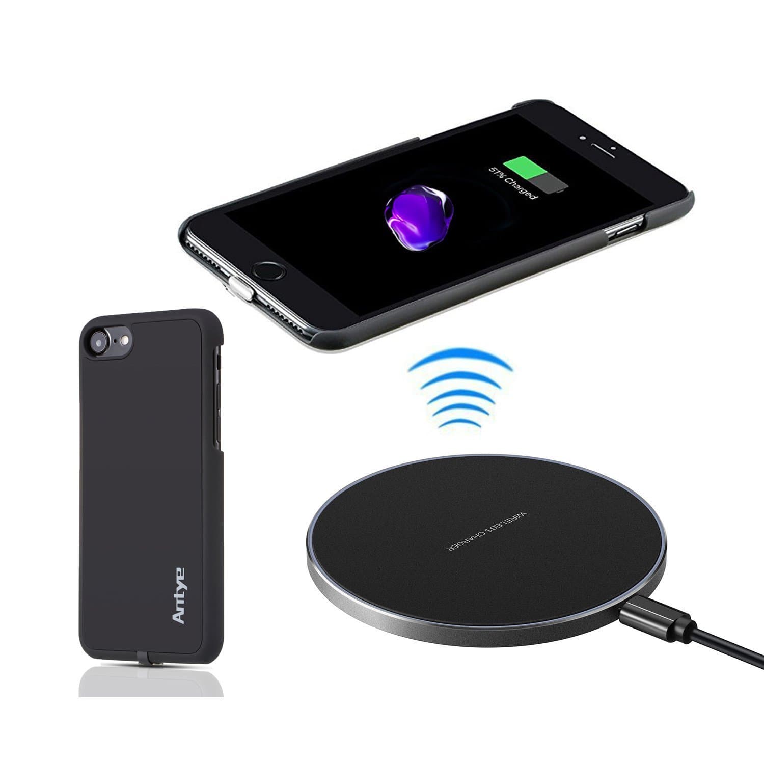 2-in-1 Qi Wireless Charger Kit for iPhone 7 Plus, Including Wireless Receiver Case (Detachable Connector) and Aluminum Inductive Charger Pad Dock (Black-Black)