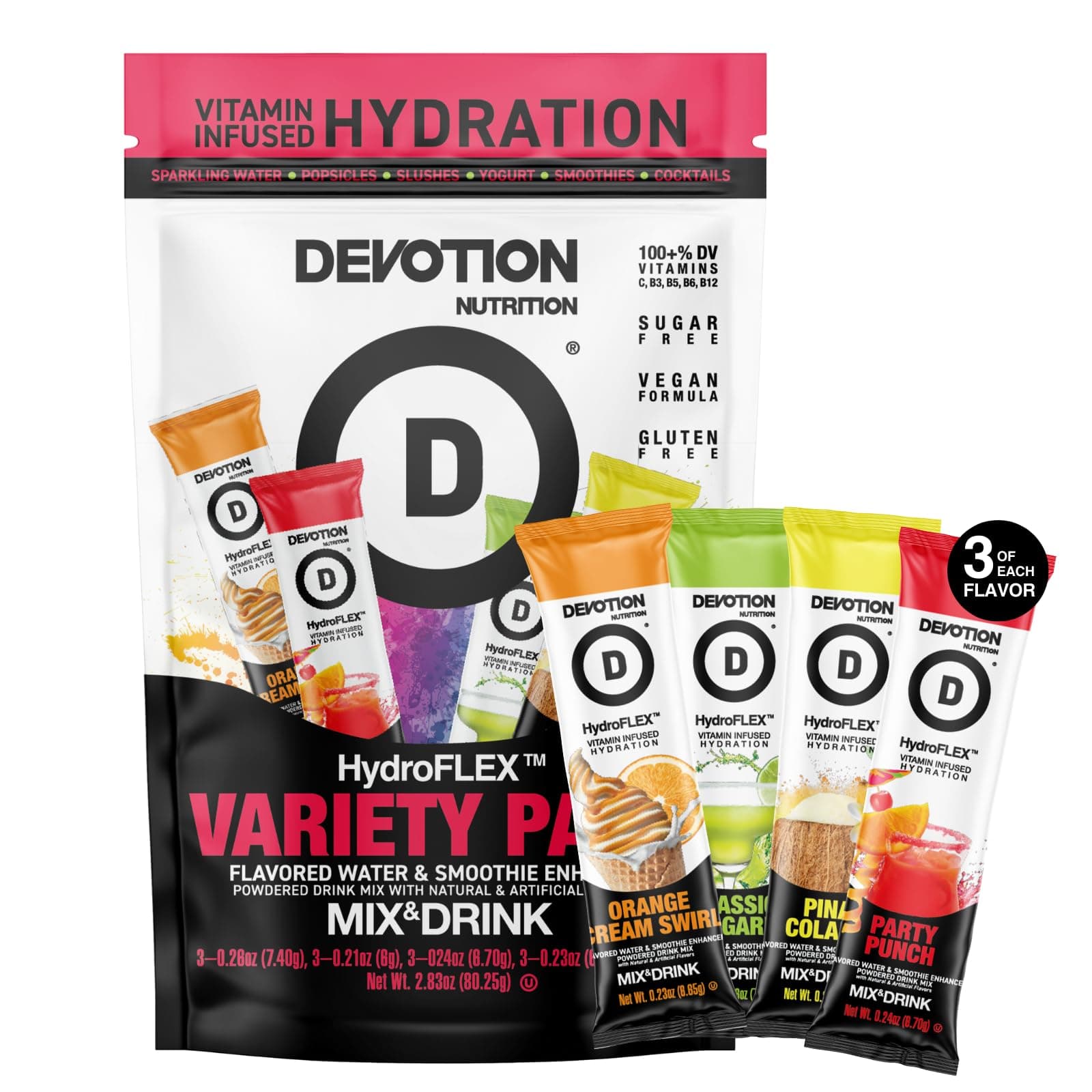 HydroFLEX Packets | Vitamin Infused Hydration Powder | Water Enhancer Drink Mix | Sugar Free, Gluten Free, Vegan | 12 Pack (4 Flavor Variety)