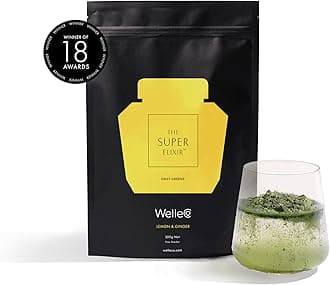WelleCo The Super Elixir Daily Greens Powder, Probiotic Drink Mix with Whole Foods, Gluten Free, Vegan Gut Health Powder, Energy, Immunity, Healthy Skin, Hair & Nails (300g, Lemon Ginger)