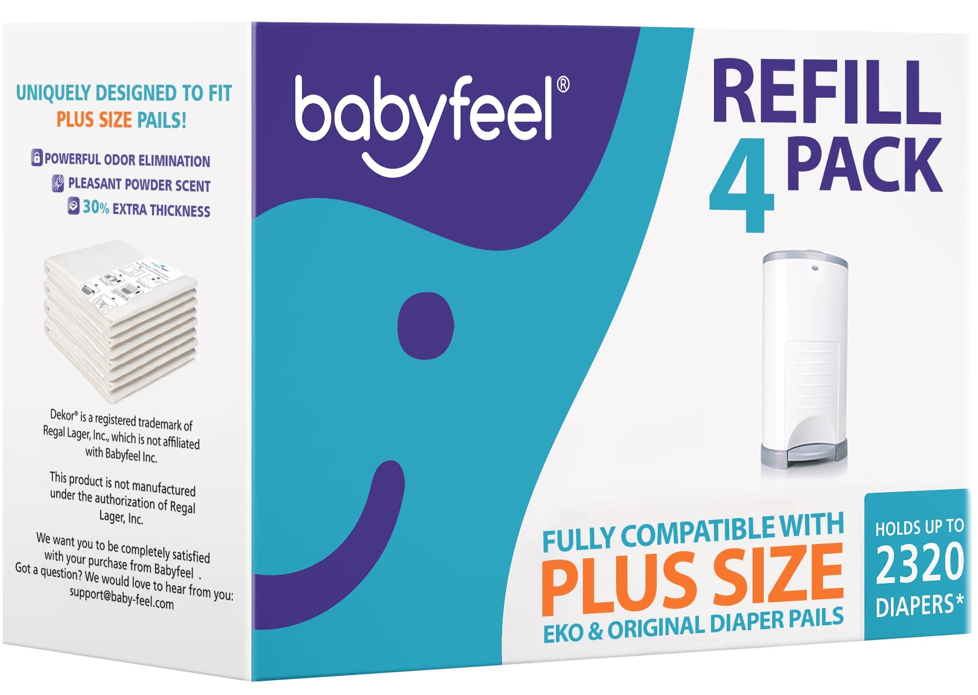 Babyfeel Refills Compatible with DEKOR PLUS Diaper Pails | 4 Pack | Exclusive 30% Extra Thickness | Diaper Pail Refills with Powerful Odor Elimination | Fresh Powder Scent | Holds up to 2320 Diapers