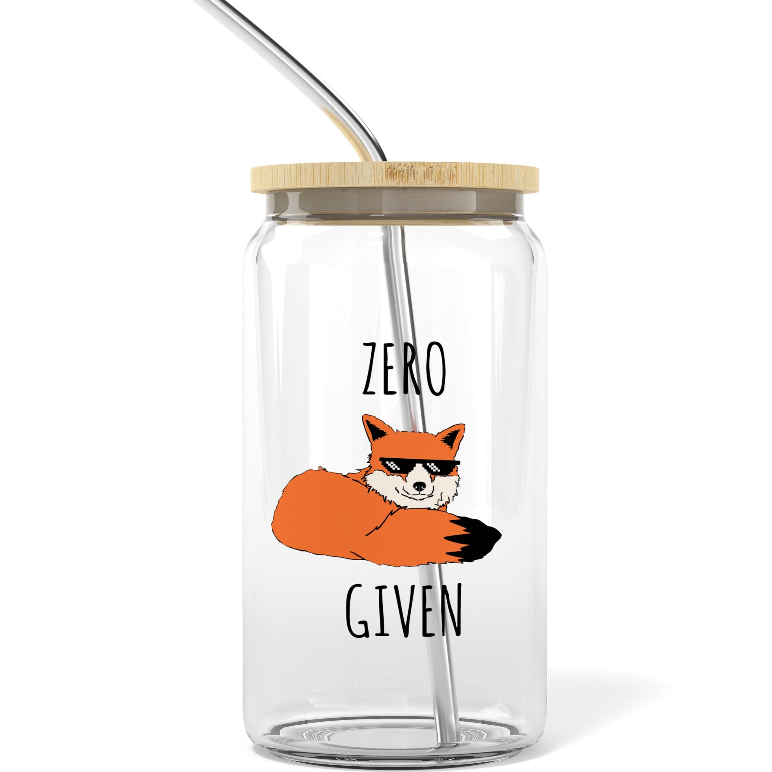 Funny Fox 16 oz Iced Coffee Cup with Bamboo Lids and Straws | Mason Jar Cups & Iced Coffee Tumbler with Lid and Straw | Drinking Glasses, Boba Cup | Beer Can Glass & Smoothie Cup - Zero Fox Given