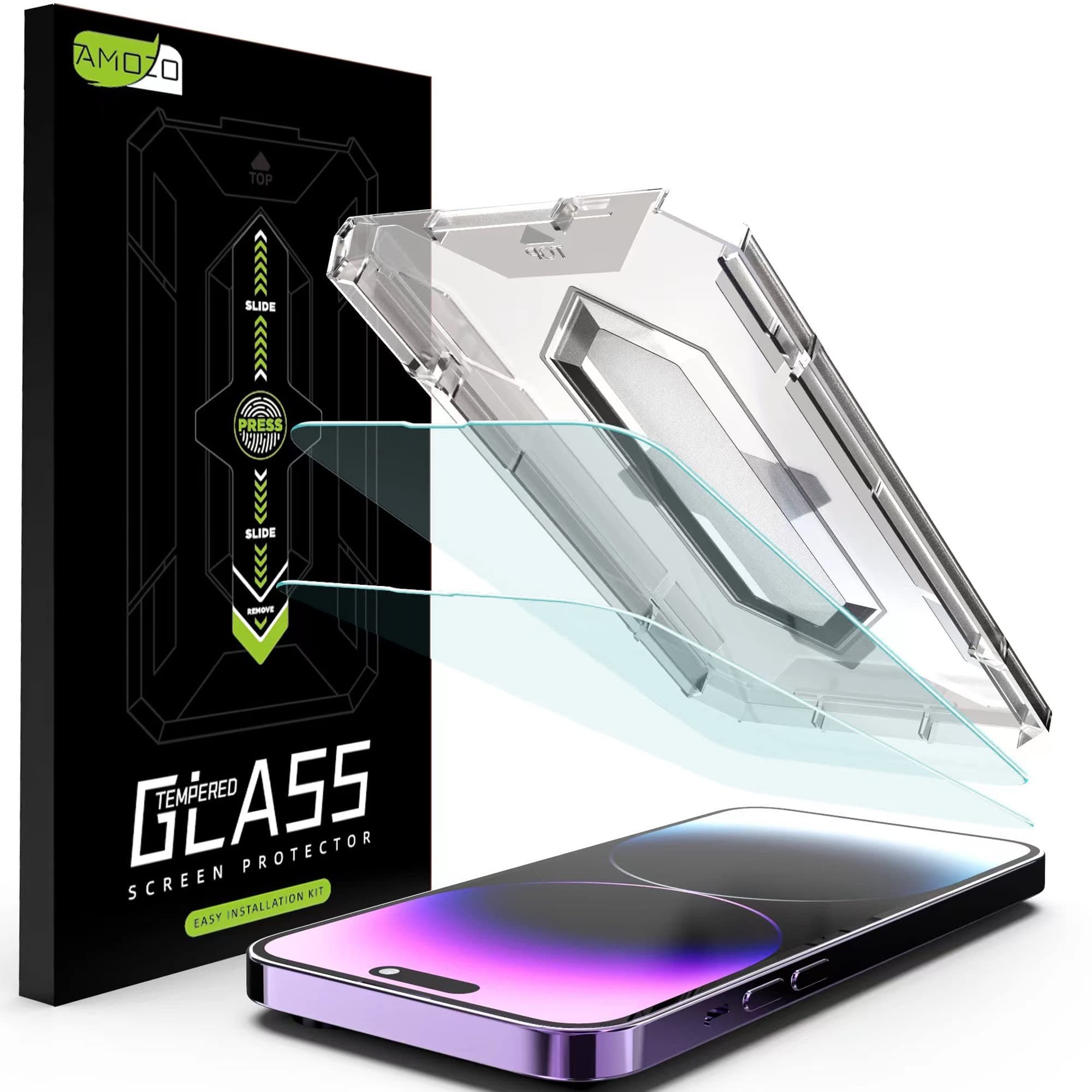 Amozo Easy Fit Tempered Glass Full Screen Protector Guard For iPhone 16e, iPhone 14, iPhone 13, iPhone 13 Pro (with easy applicator) - Pack of 2