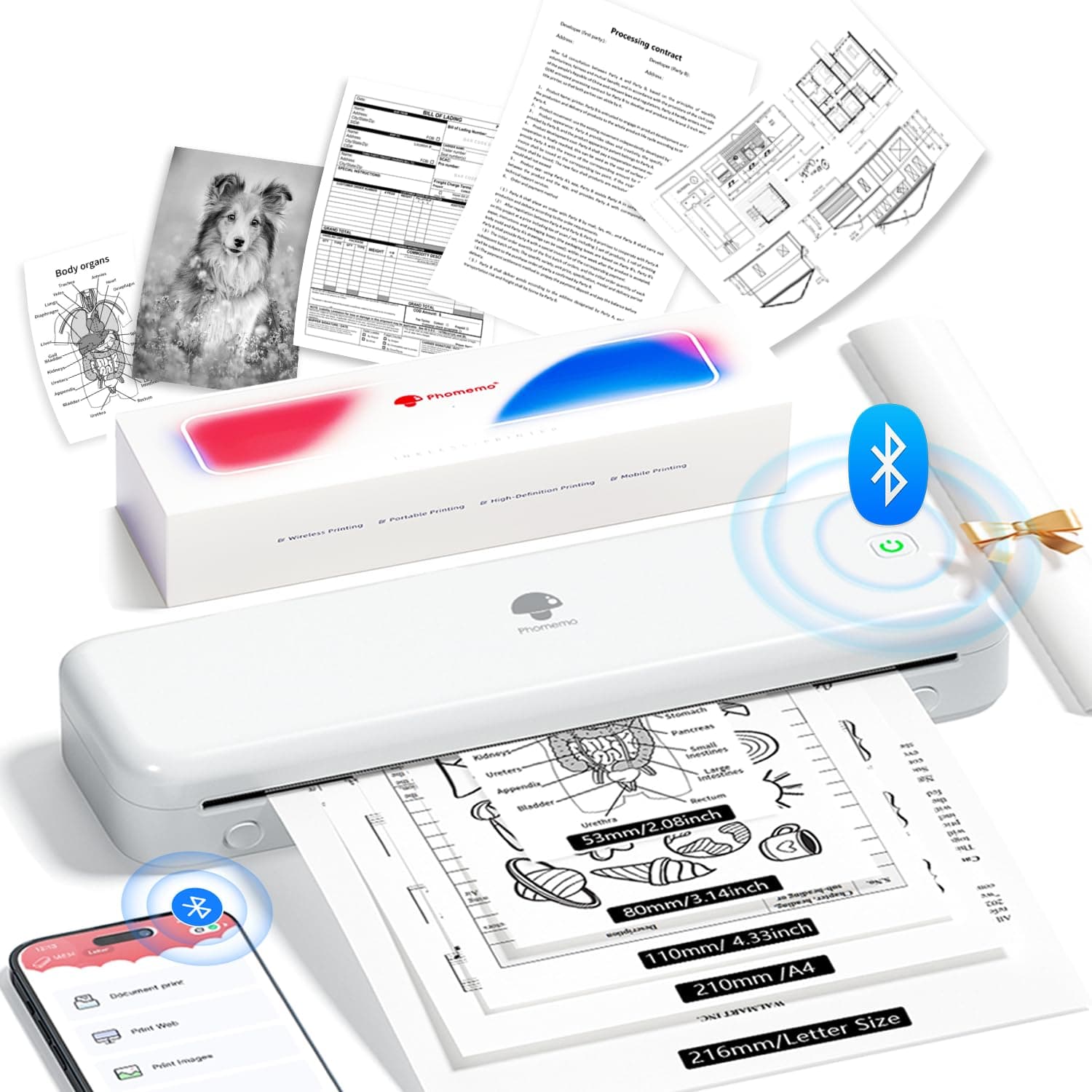 M834 Thermal Printer, Portable Printer A4 Compatible with Phone & Laptop, Bluetooth Mobile Printers for Home Use, Inkless Printers for Office, Photo, Home, School, Outdoor, White