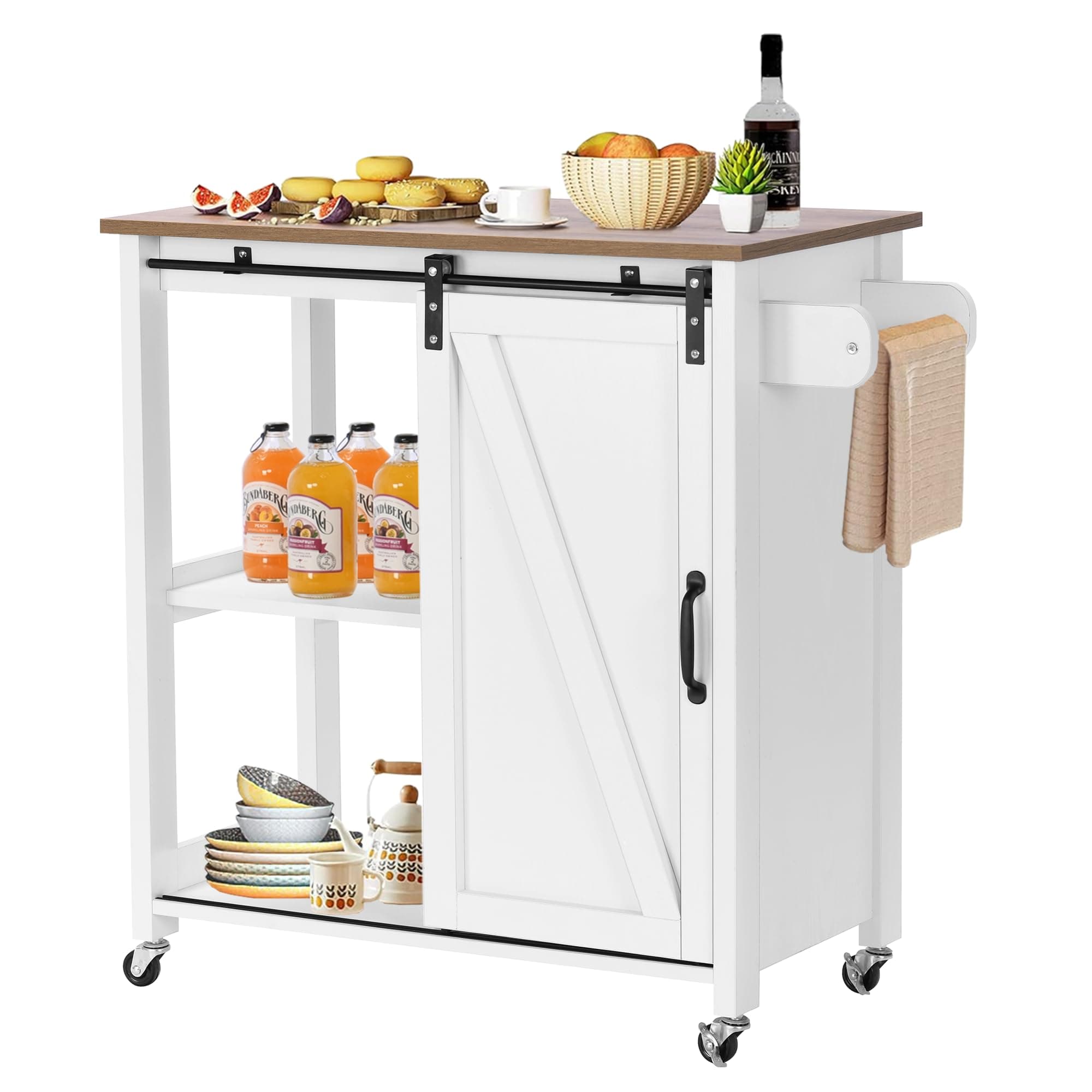 Small Kitchen Island with Storage, White Kitchen Storage Cart on Wheels, Kitchen Coffee Cart with Sliding Barn Door, Rolling Kitchen Island for Kitchen