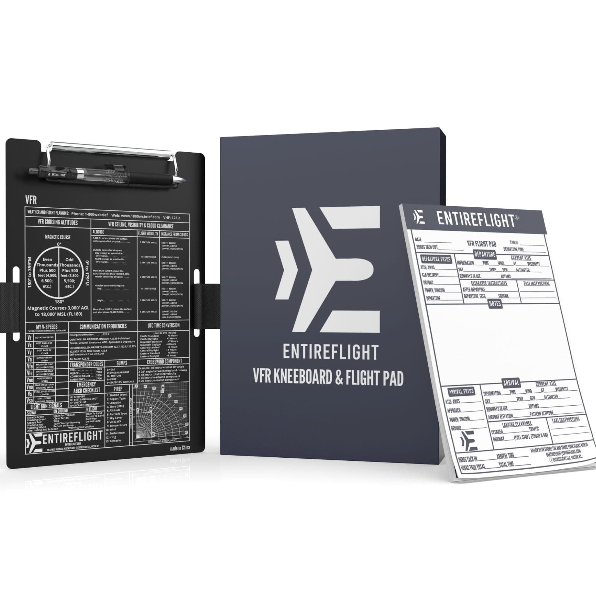 EntireFlight - Aviation Pilot Kneeboard VFR Black with Structured Notepad, Pilot Gear & Flight Bag Accessory, Airplane Grade Aluminum, Elastic Knee Strap & Pen Included for Pilots