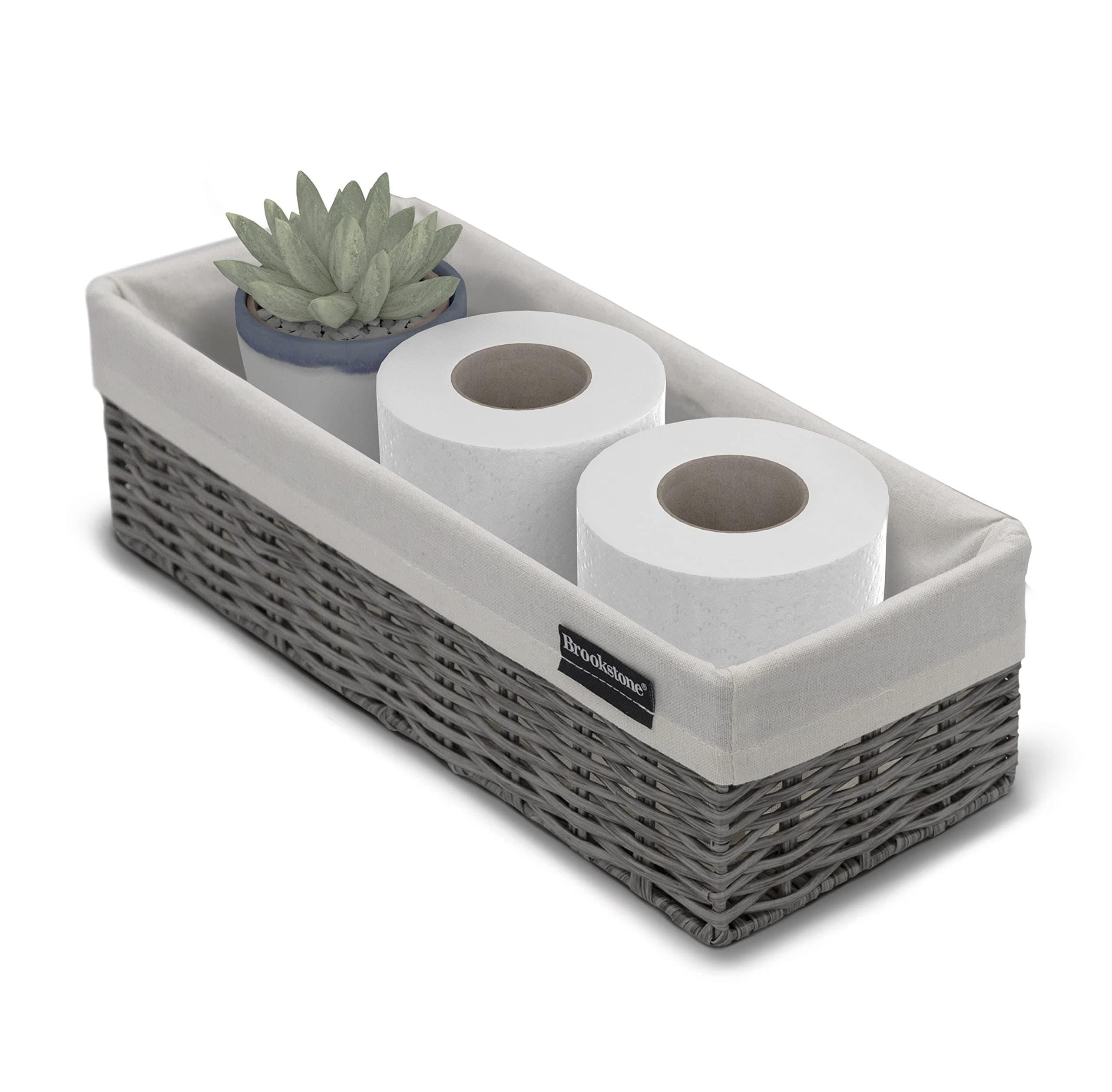 BROOKSTONE, Wicker Storage Basket, Boho Organization and Storage Bin, Over the Toilet Paper Reserve Holder, Suitable for Any Décor Style, Perfectly Sized at 14” x 4” x 6”
