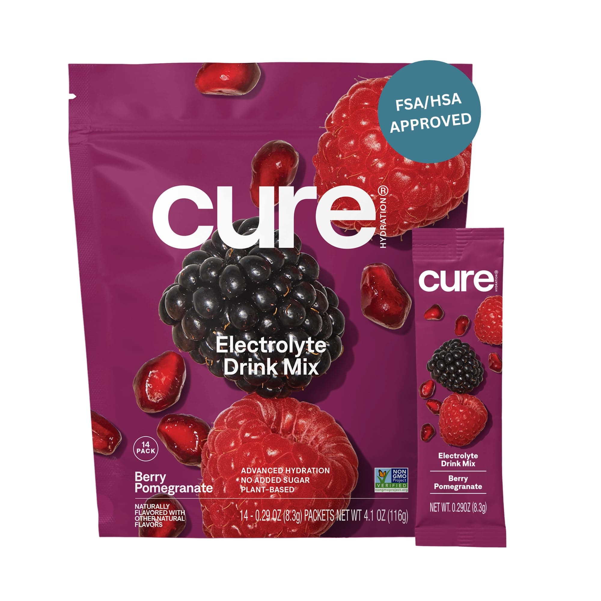 Cure Hydration | Plant-Based Electrolyte Drink Mix | No Added Sugar | FSA-HSA | Dehydration Relief Powder Made with Coconut Water | Non-GMO | Vegan | Pouch of 14 Packets - Berry Pomegranate