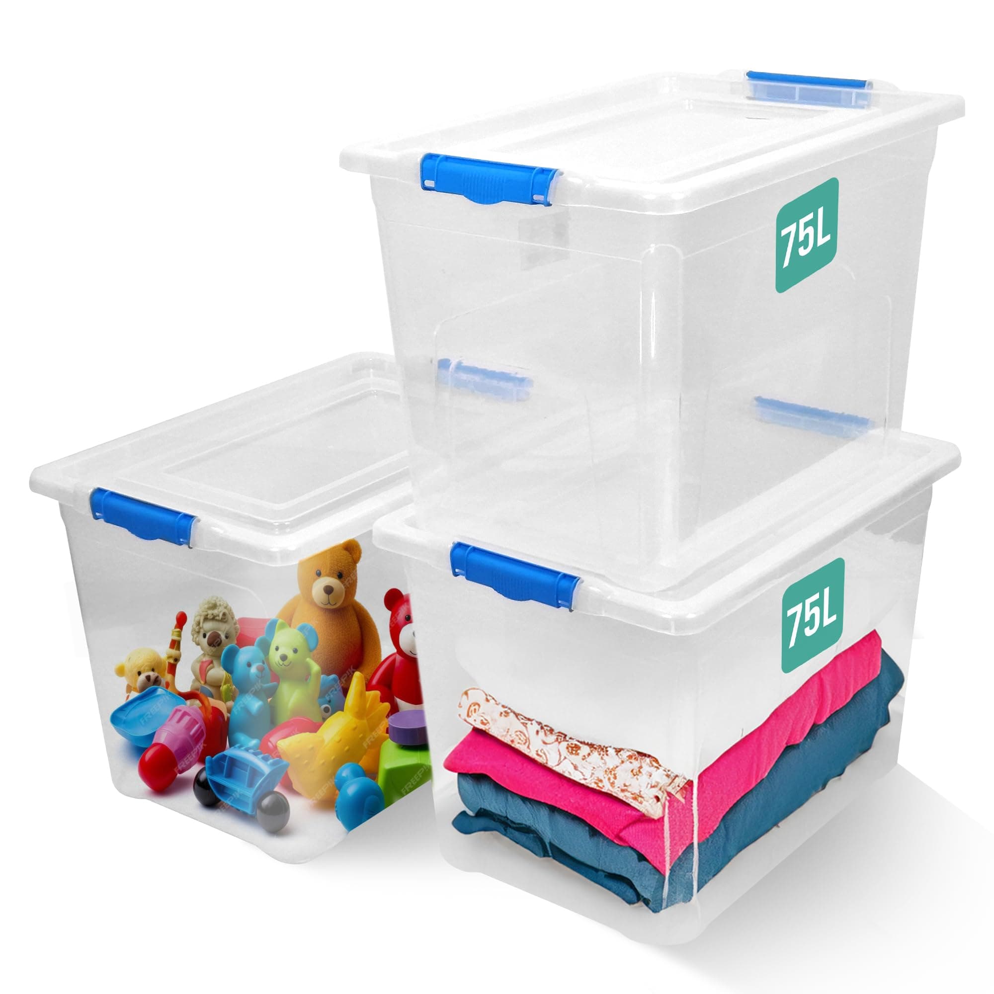 KLASS 3 x 75 Litre Storage Boxes with Lids, Clip-Lock Lid, Clear Plastic Storage Box Containers, Multipurpose Medium Plastic Box, Sturdy Stackable Storage Boxes For Home & Office