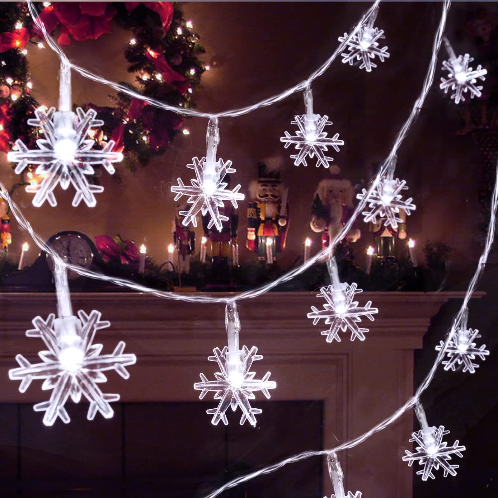 Pawliss 8 Modes 20 Ft 40 LED Christmas Snowflake String Lights, Battery Operated Indoor Outdoor Christmas Decorations, Waterproof Patio Lawn Garden Fairy Lights Christmas Tree Decorations, White