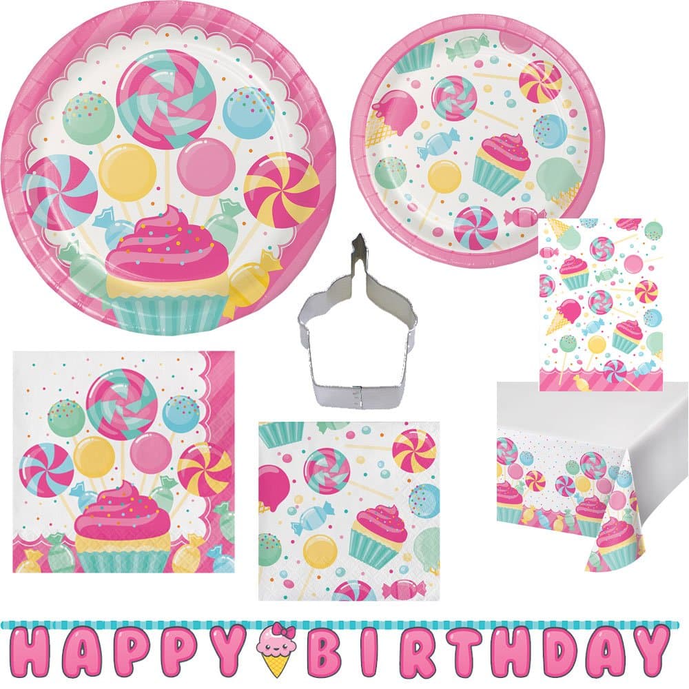 Cupcakes & Candy Ultimate Disposable Tableware Party Kit, Serves 16, bundle of 8 items: Large and small plates and napkins, treat bags, table cover, party banner, cupcake cookie cutter & bonus recipe
